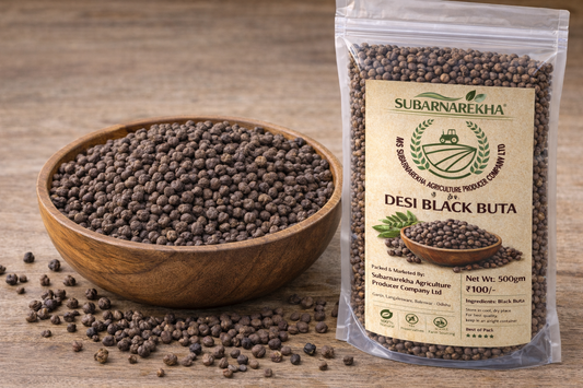 Desi Black Buta seeds in a wooden bowl and packaging on a wooden surface