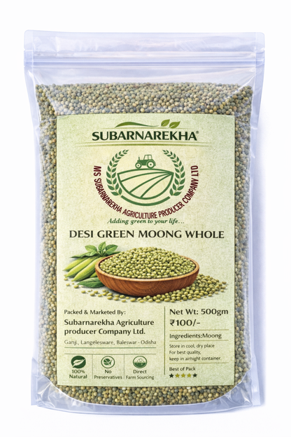 Package of Subarnarekha Desi Green Moong Whole with green beans and a bowl on a white background