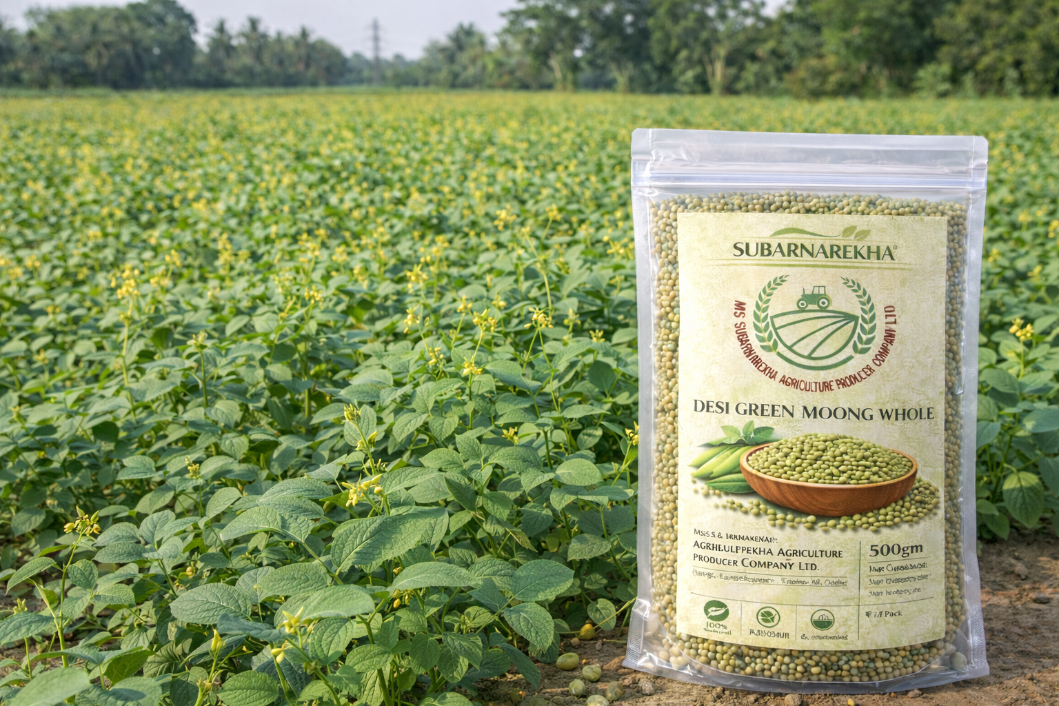 Package of Subarnarekha Desi Green Moong Whole in front of a green field
