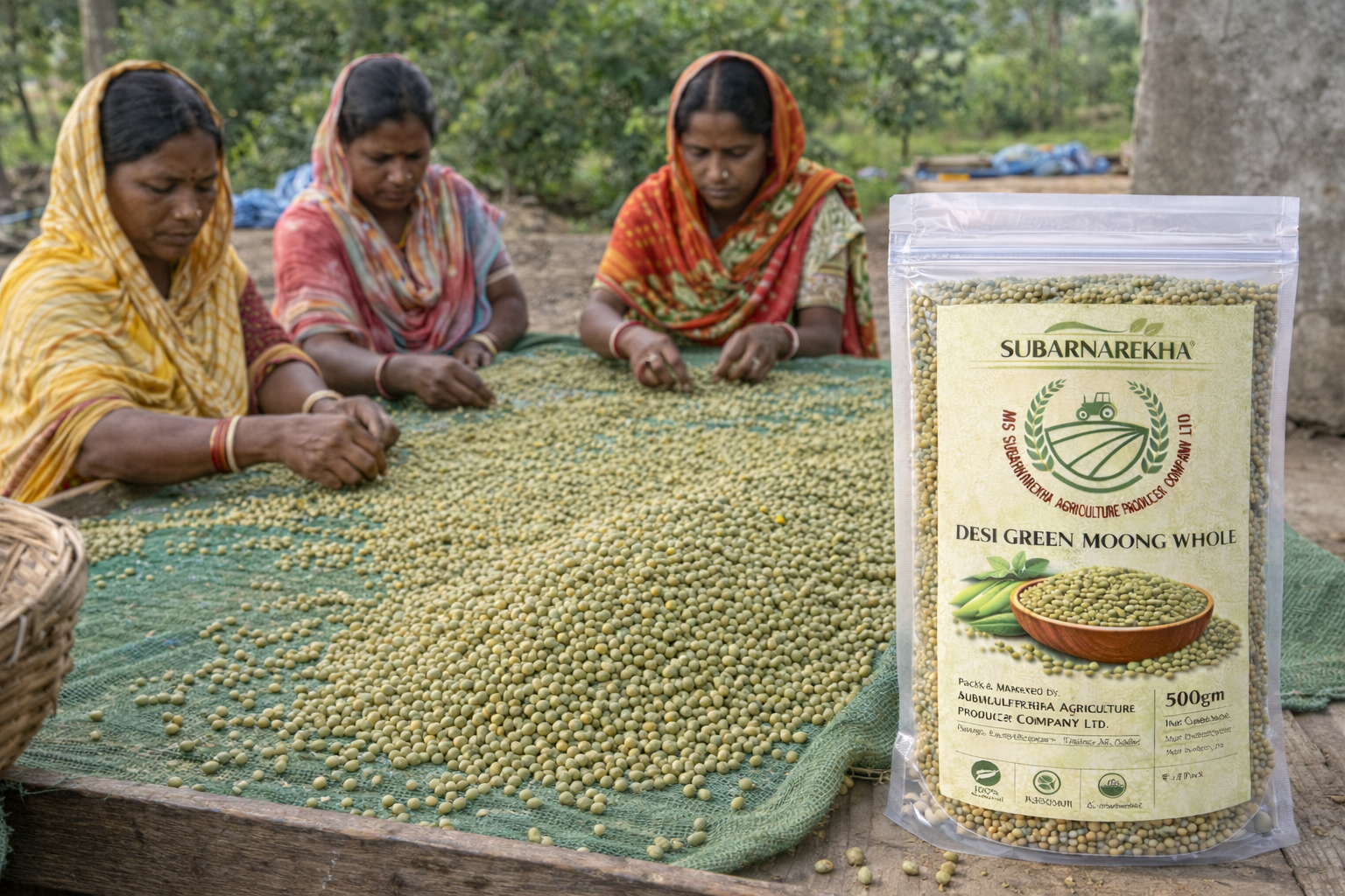 Three women sorting green beans outdoors with a Subarnarekha product packaging in the foreground.