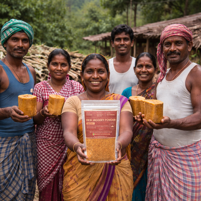 Group of people holding jaggery and a package labeled 'Desi Jaggery Powder' in a rural setting.