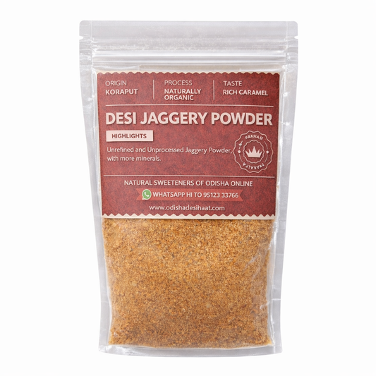 Desi Jaggery Powder packaging with a white background