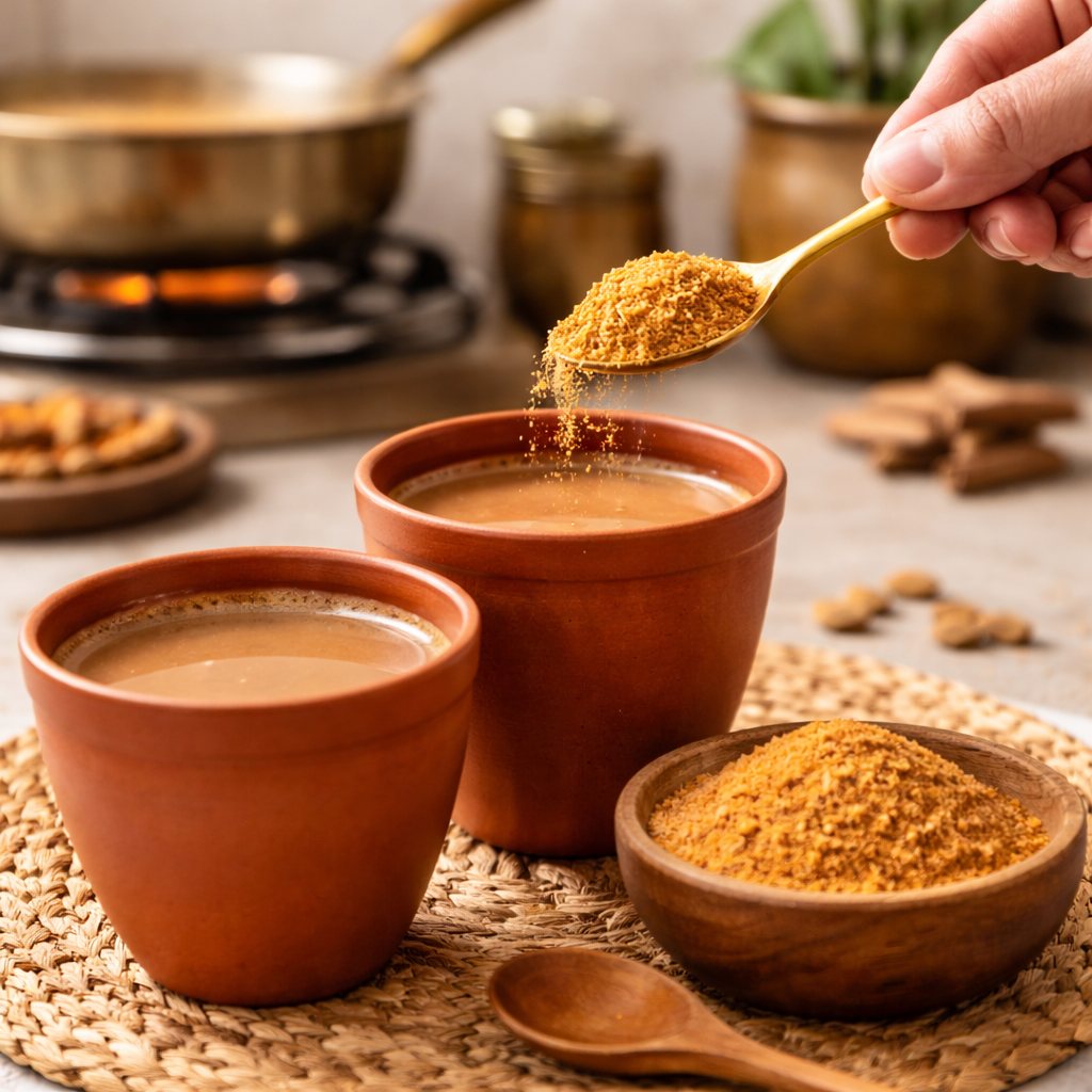 Serving traditional beverage from terracotta pots with spices on a rustic setting