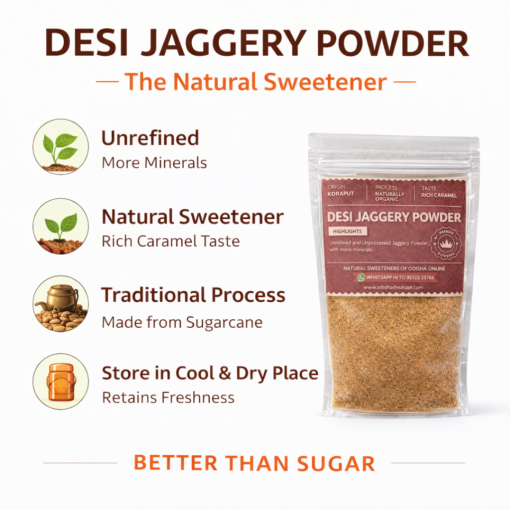 Desi Jaggery Powder packaging with product details on a white background