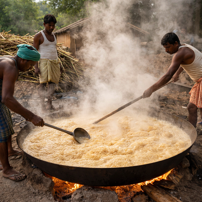 Three men cooking food in a large pan over an open fire outdoors.