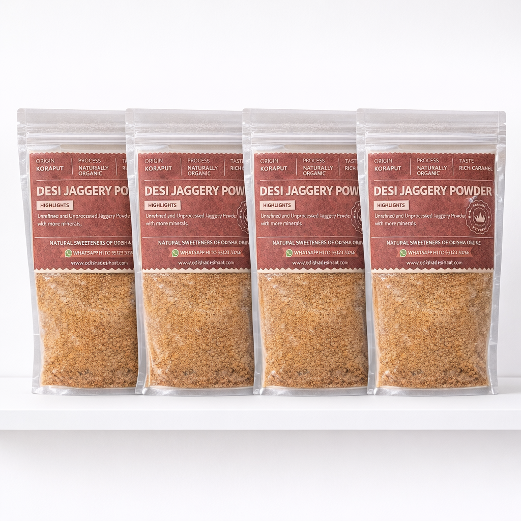 Four packages of Desi Jaggery Powder on a white background