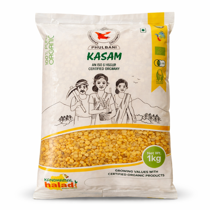Kasam package with yellow lentils on a white background