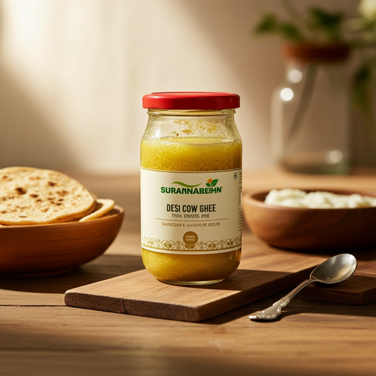 Jar of Surannabein Desi Cow Ghee on a wooden surface with flatbreads and yogurt.