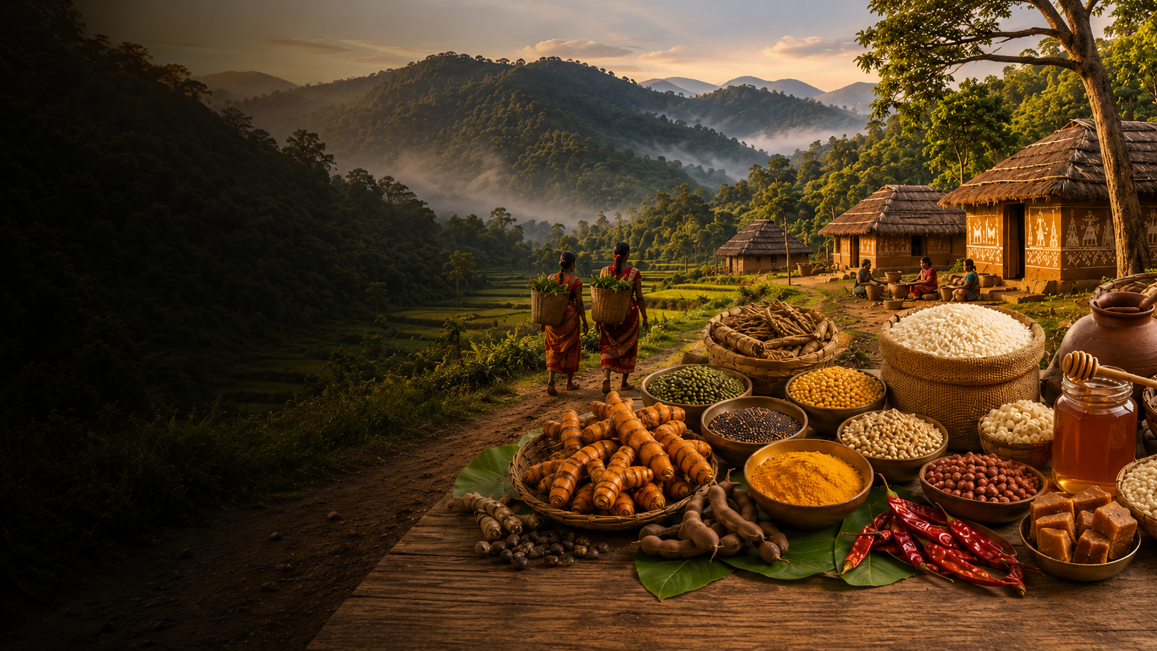 Traditional wooden huts with a table displaying various food items in a mountainous landscape.