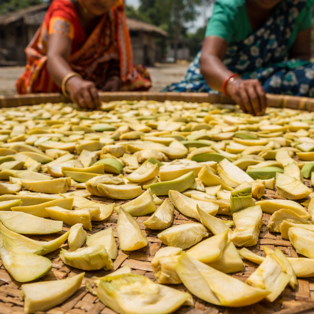 Two people working with sliced green vegetables on a woven surface outdoors.