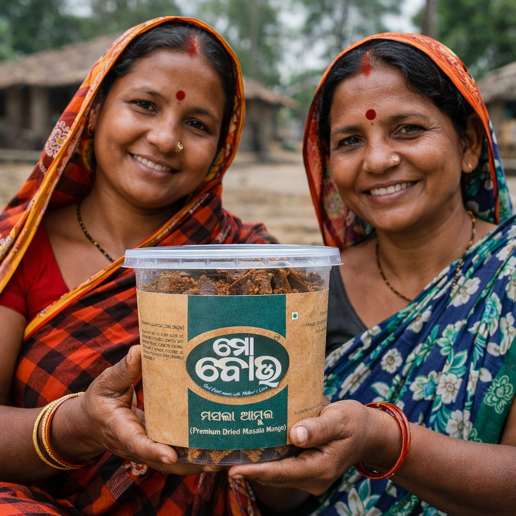 Two women holding a container of 'Premier Dried Mango' with a traditional setting in the background.