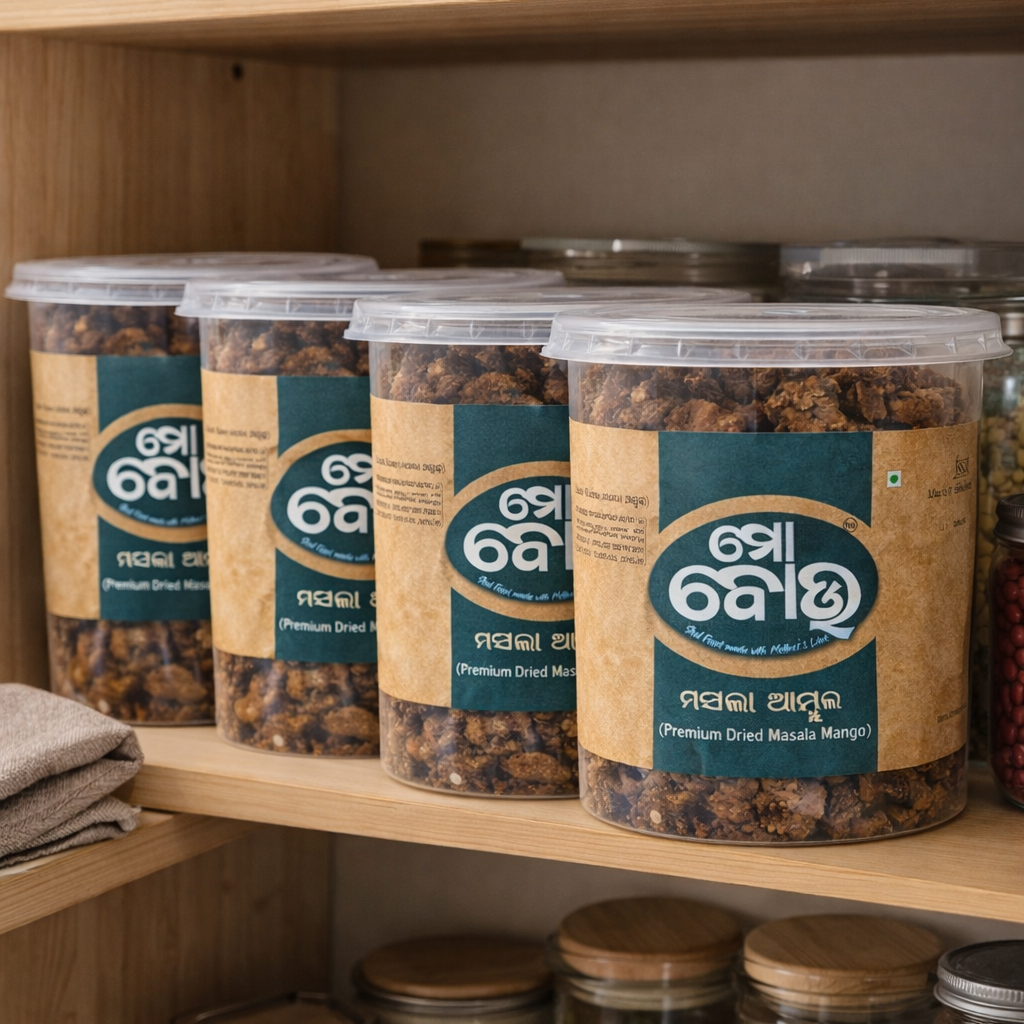 Jars of dried mangoes on a wooden shelf with visible labels.