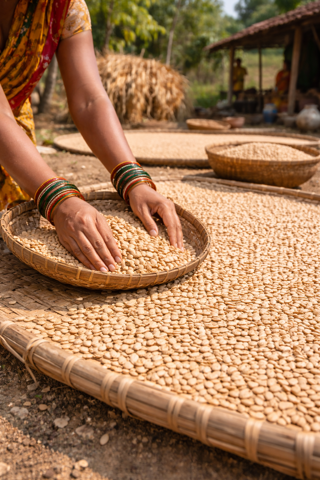 Person sorting beans in a rural setting with traditional attire and tools.