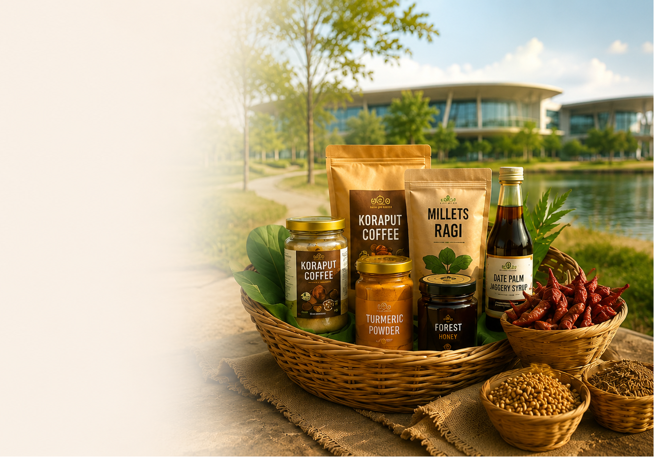 GMR Kamalanga Grameen Bazaar hero image featuring authentic Odisha rural products, millets, Koraput coffee, forest honey, spices and natural foods curated for the campus community