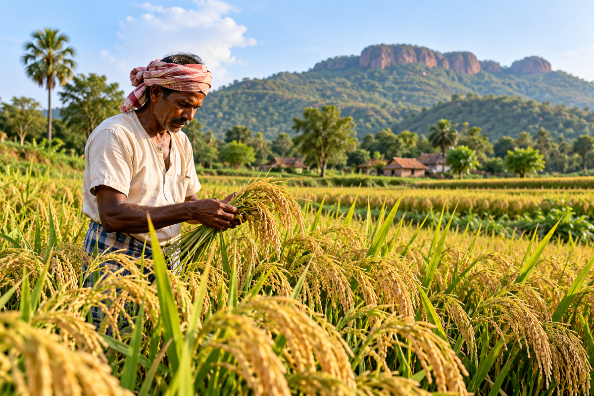 A person in a white shirt and pink headwrap stands in a golden rice field.