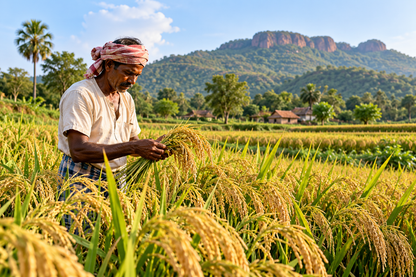 A person in a white shirt and pink headwrap stands in a golden rice field.