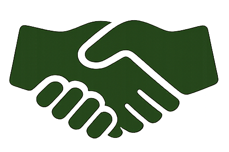 Green icon of two hands shaking on a white background