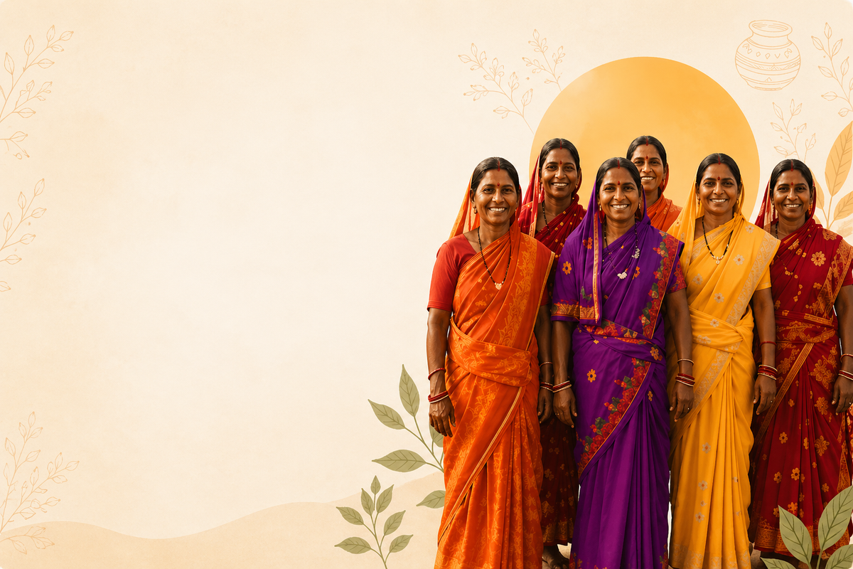 Group of women in colorful sarees standing together against a beige background with a sun graphic.