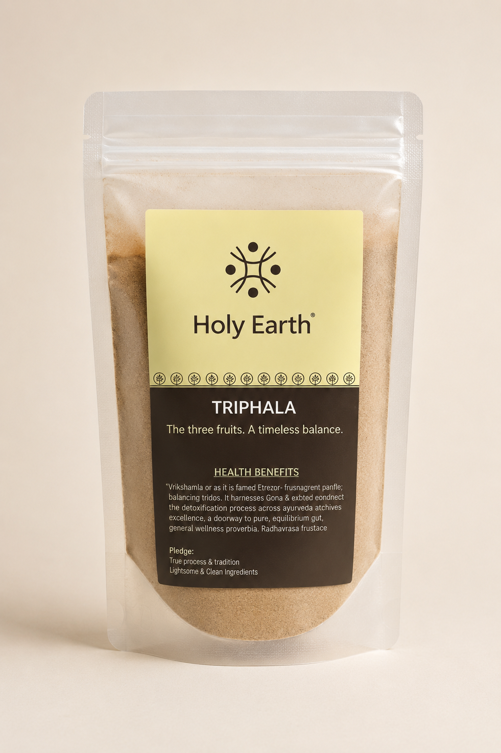 Package of Holy Earth Triphala on a beige background