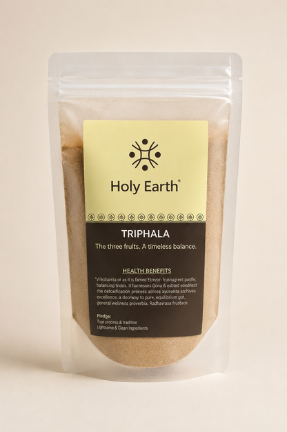 Package of Holy Earth Triphala on a beige background
