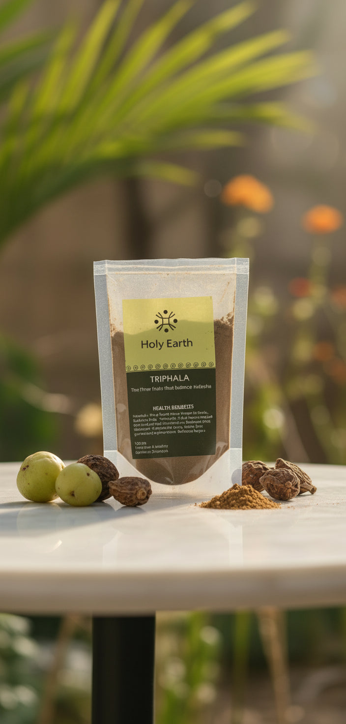 Holy Earth supplement package on a table with greenery in the background