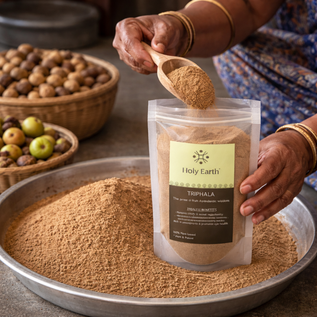 Person scooping Triphala powder from a 'Holy Earth' package with ingredients in the background.