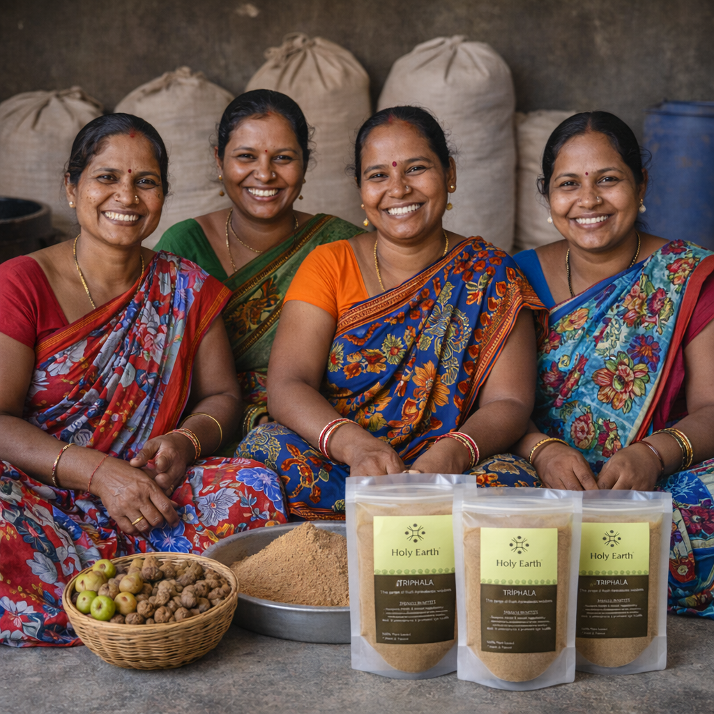 Four women in colorful traditional attire sitting behind packages of 'Holy Earth' products.
