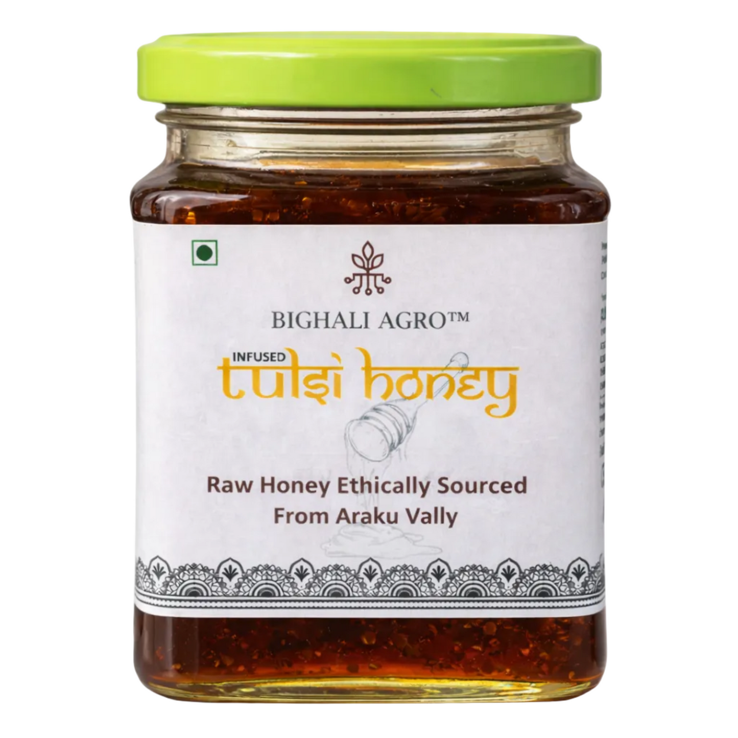 Jar of Bighali Agro Tuliñ honey with a green lid on a white background