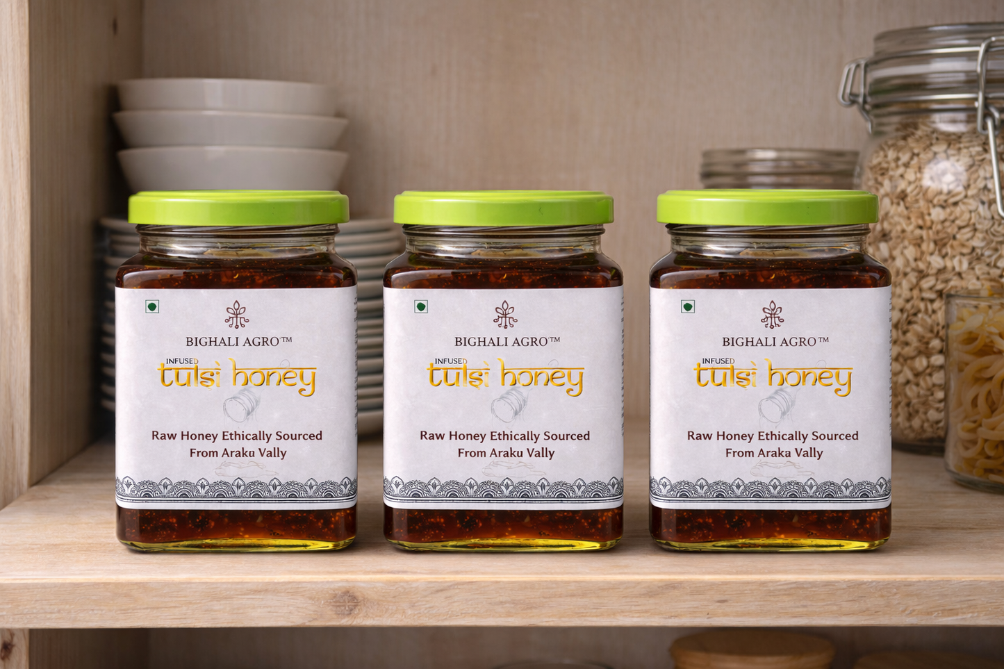 Three jars of 'Tuli Honey' by Highali Agro on a wooden shelf.