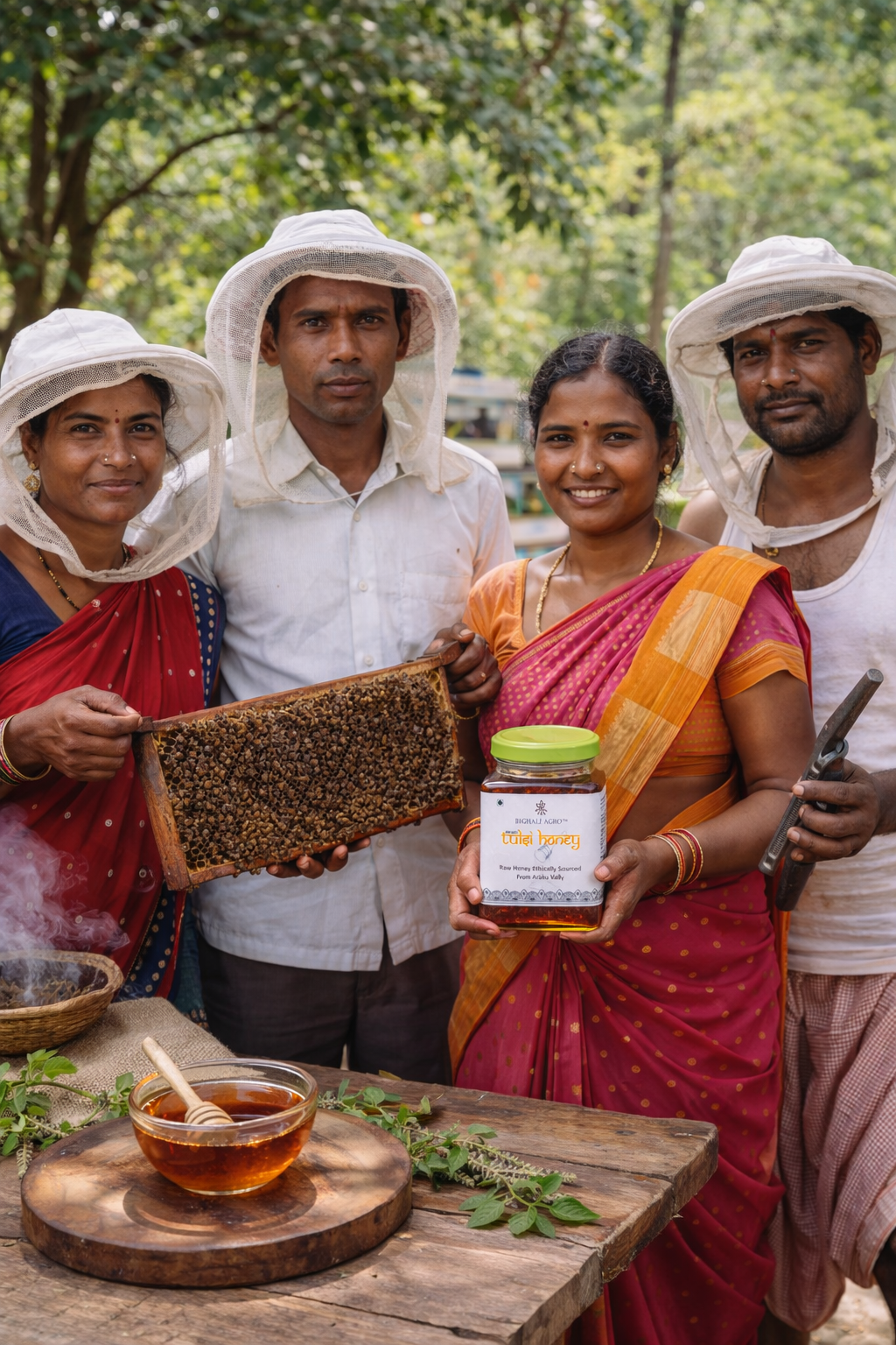 Four people in beekeeping gear with honeycomb and jar outdoors