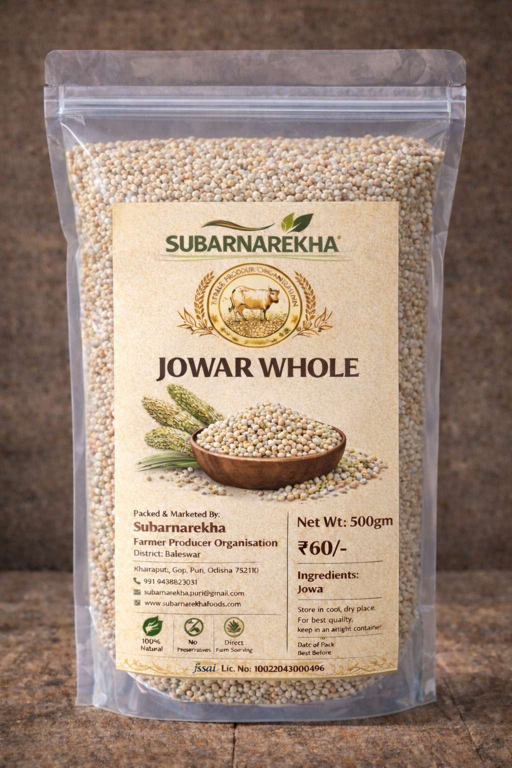 Package of Subarnarekha Jowar Whole with a brown background
