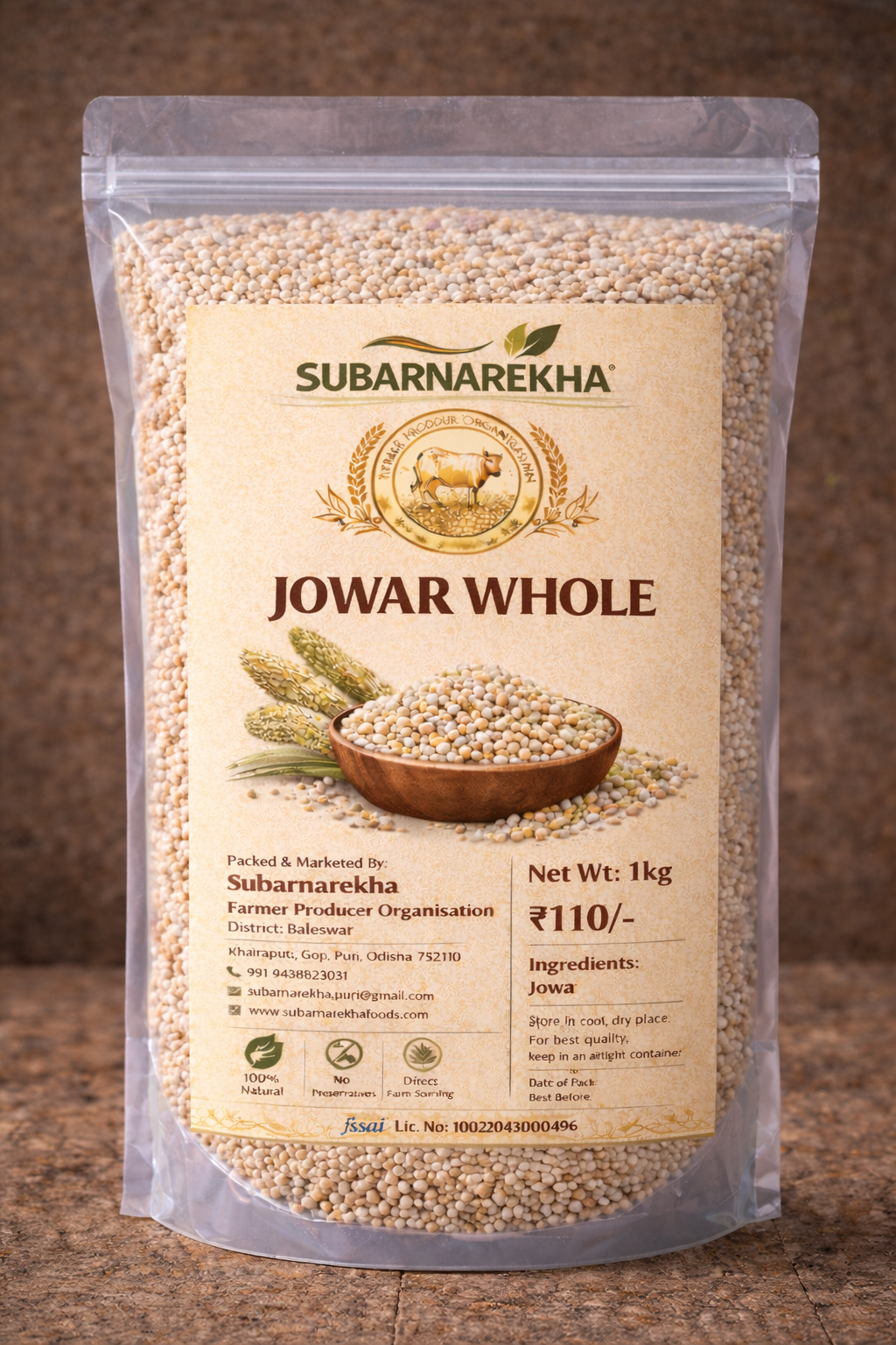 Package of Subarnarekha Jowar Whole on a wooden surface with a brown background