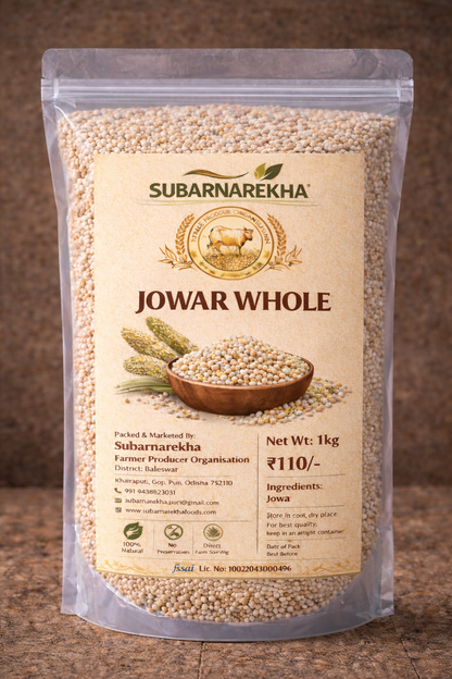 Package of Subarnarekha Jowar Whole on a wooden surface with a brown background