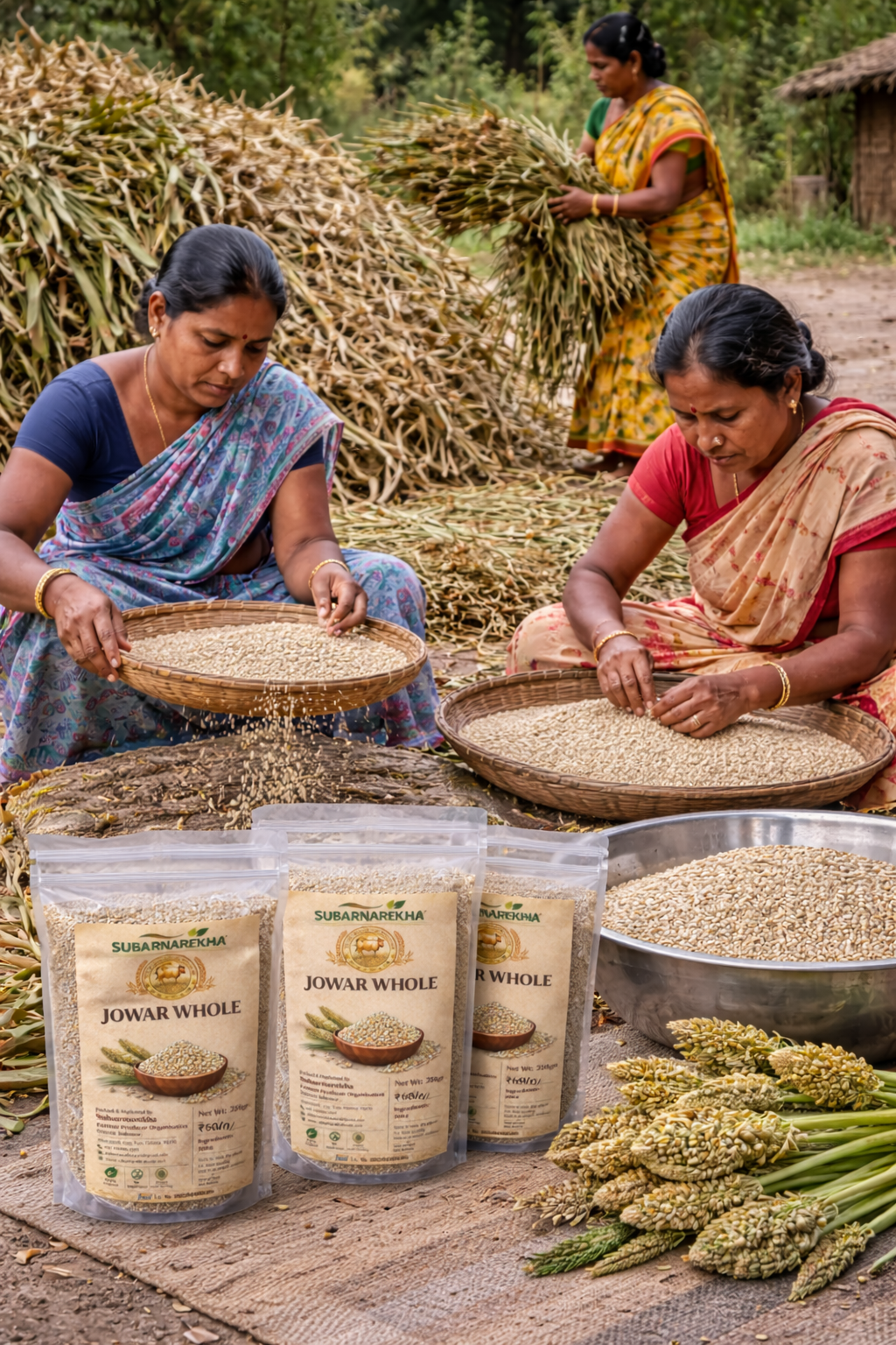 Two women sorting grains outdoors with Jowar Whole packaging in the foreground.