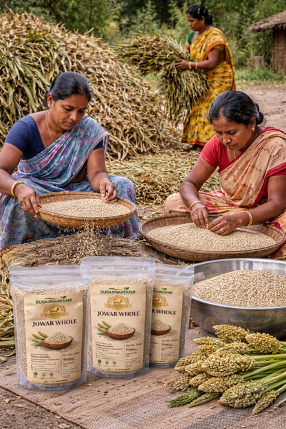 Two women sorting grains outdoors with Jowar Whole packaging in the foreground.