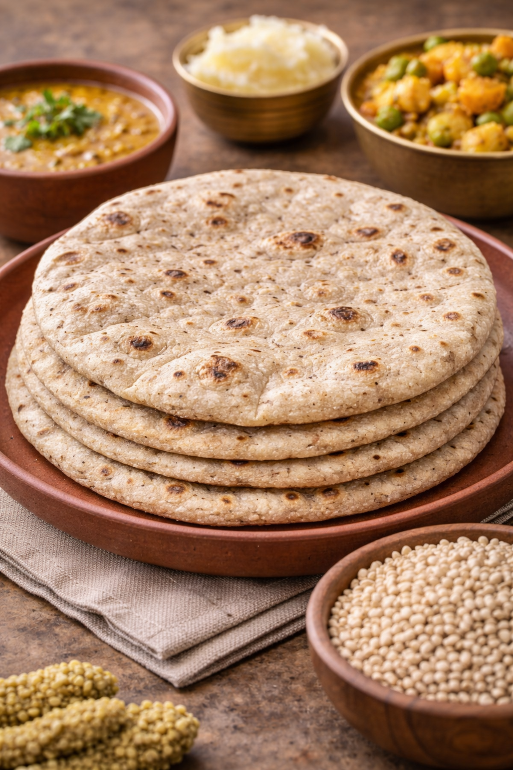 Stack of flatbreads on a wooden plate with side dishes in the background