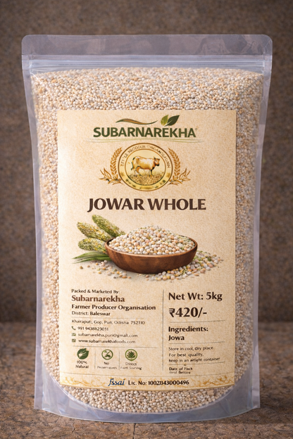 Subarnarekha Jowar Whole package on a brown background