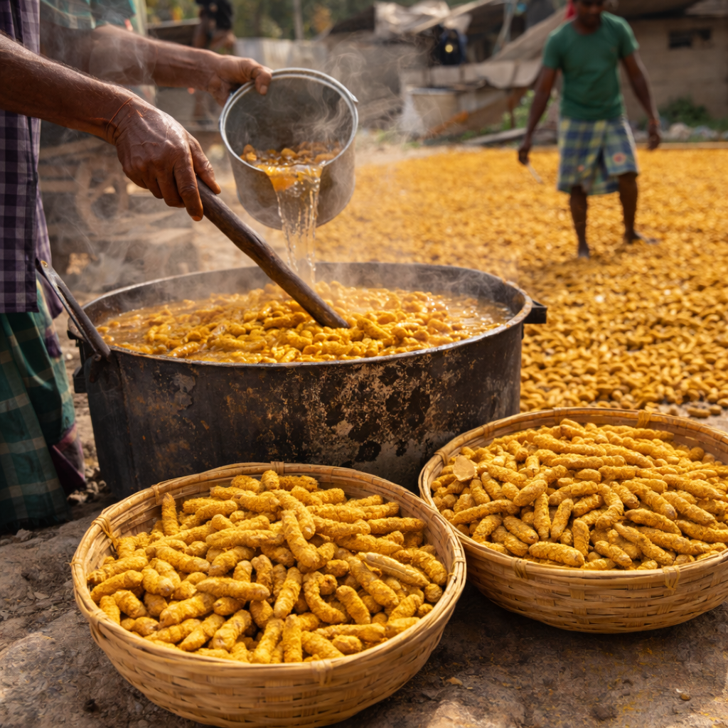 Two people making kandhamal haldi in a large pot with two baskets of Turmeric nearby.