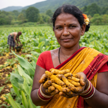 Woman holding kandhamal  turmeric roots in a field with another person in the background.