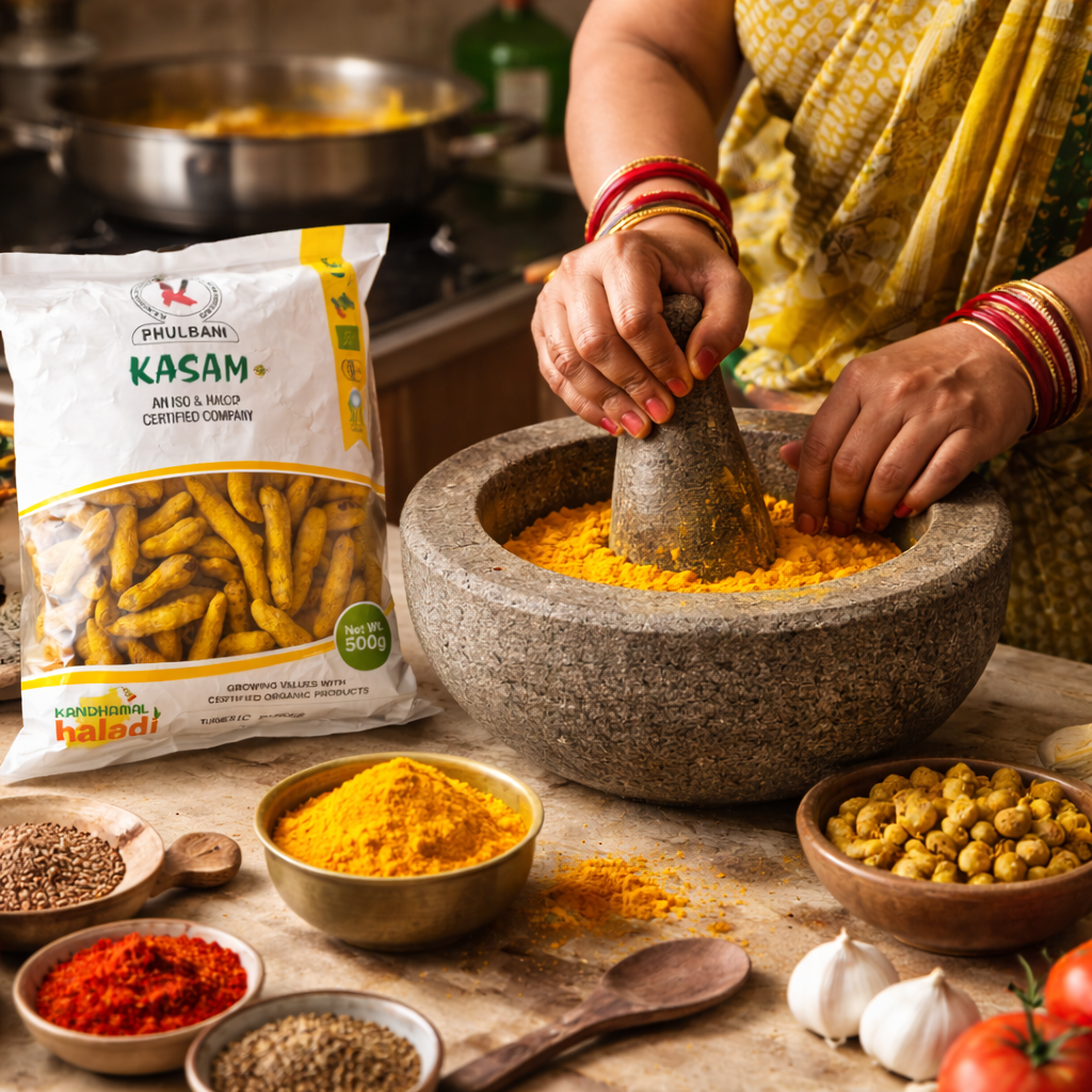 Person grinding spices in a mortar and pestle with a package of kasam in the background.