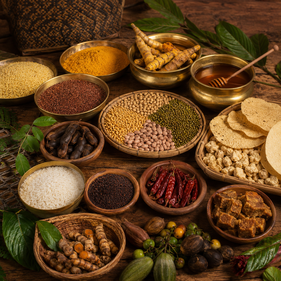 Assorted spices and herbs in small bowls on a wooden surface with leaves.