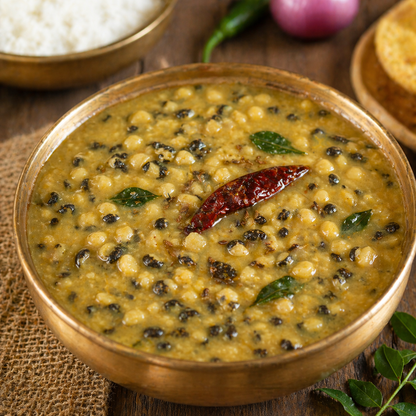 Bowl of dal with spices on a wooden table