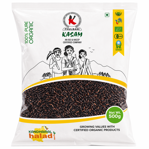 Kasam organic black rice packaging with certification logos