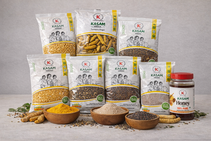Kasam brand packages and products including spices and honey