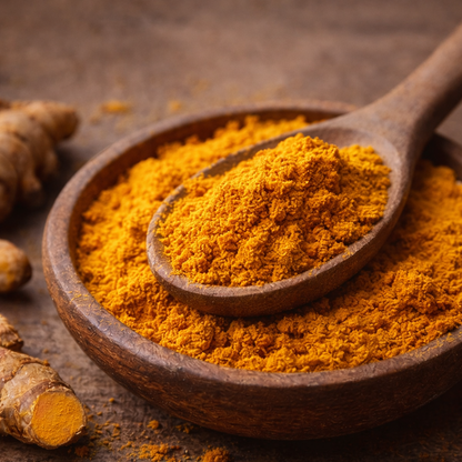 Turmeric powder in a wooden bowl with a spoon on a rustic background