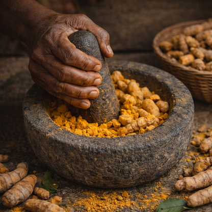 Mortar and pestle with ground turmeric and fresh turmeric roots on a rustic background