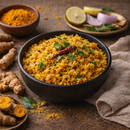 Bowl of yellow rice with spices and lemons on a wooden surface