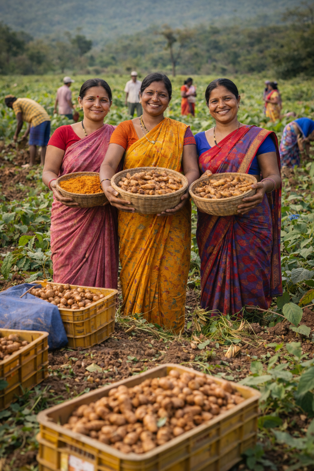 Three women in colorful sarees holding baskets of harvested peanuts in a field.