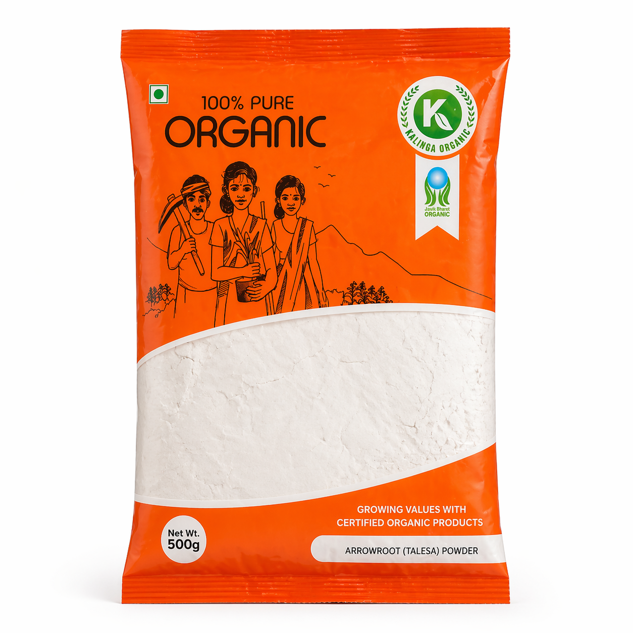 Orange package of 100% pure organic arrowroot powder with a K logo 