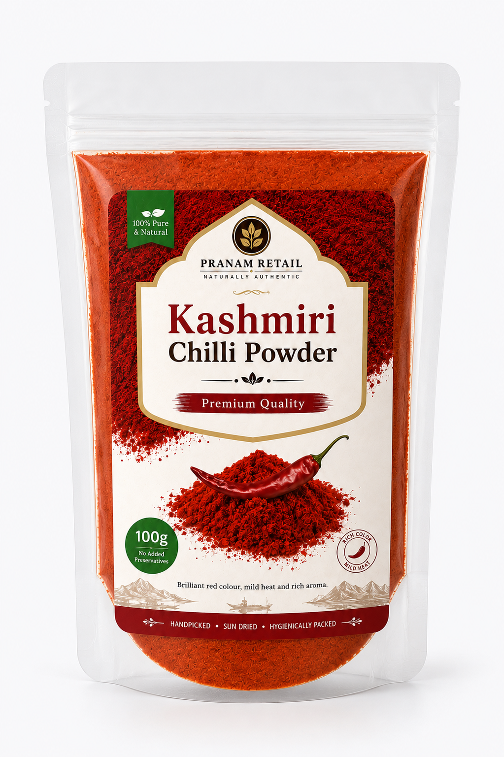 Pouch of Kashmiri Chilli Powder with Pranam Retail branding on a white background
